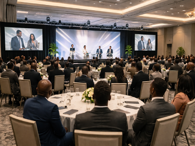 Corporate event setup with branded stage and seating