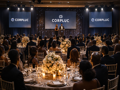 Corporate gala event setup with branded stage and seating