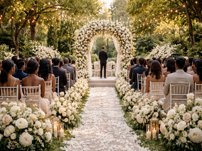 Elegant outdoor wedding reception with floral décor and ambient lighting