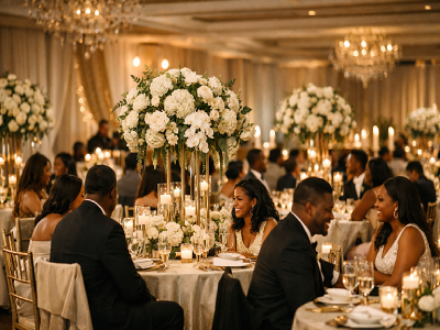 Elegant wedding reception with floral décor and ambient lighting